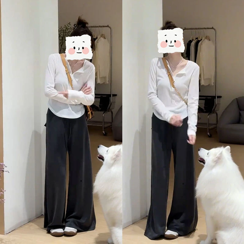 早秋时尚百搭小个子修身显瘦纯色半开领上衣休闲裤一整套