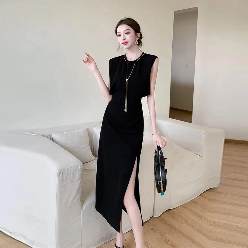 YY欧洲站夏季新款法式美人小黑裙高级露腰修身开叉连衣裙潮332