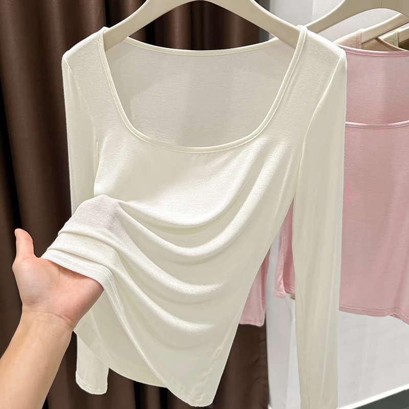 百搭方领露锁骨白色上衣女秋季新款通勤长袖打底衫显瘦针织薄T恤