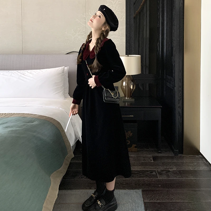 法式复古娃娃领撞色长袖连衣裙女2025春季赫本风气质长款a字裙子