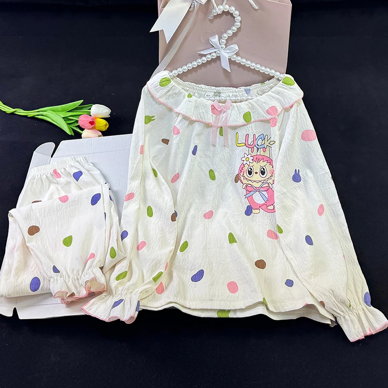 春秋季女童睡衣初中生云朵棉带胸垫长袖卡通卡通小女孩家居服套装