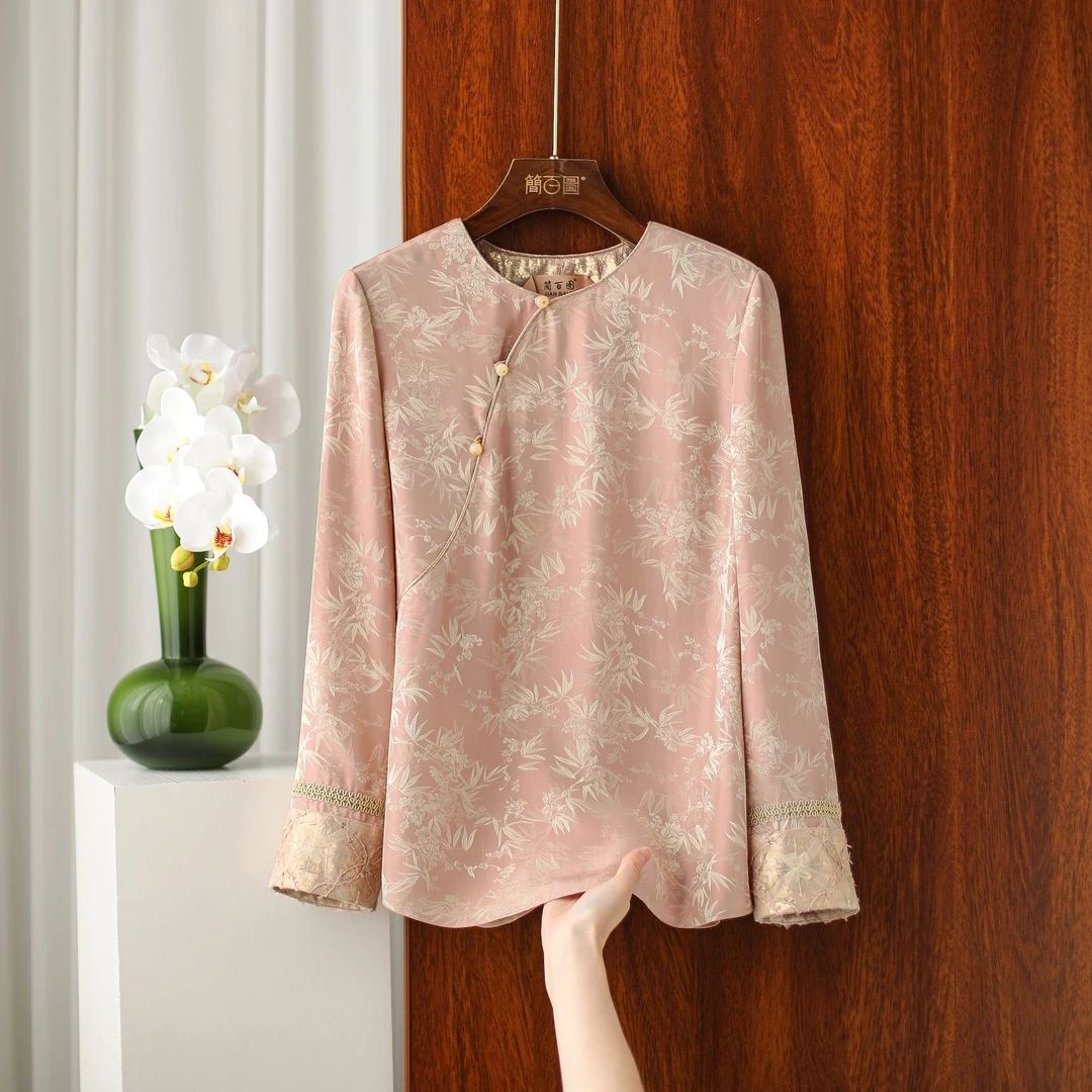 2025早春新品加密国风新中式树叶韵味圆领蝴蝶袖提花缎面衬衫