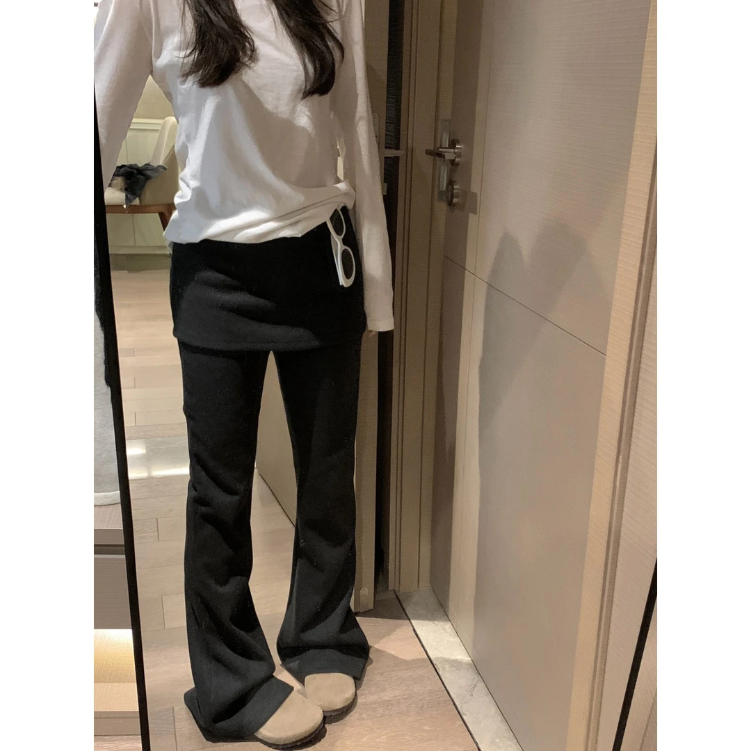 加绒弹力假两件微喇叭裤女冬显瘦屁帘裙裤长裤