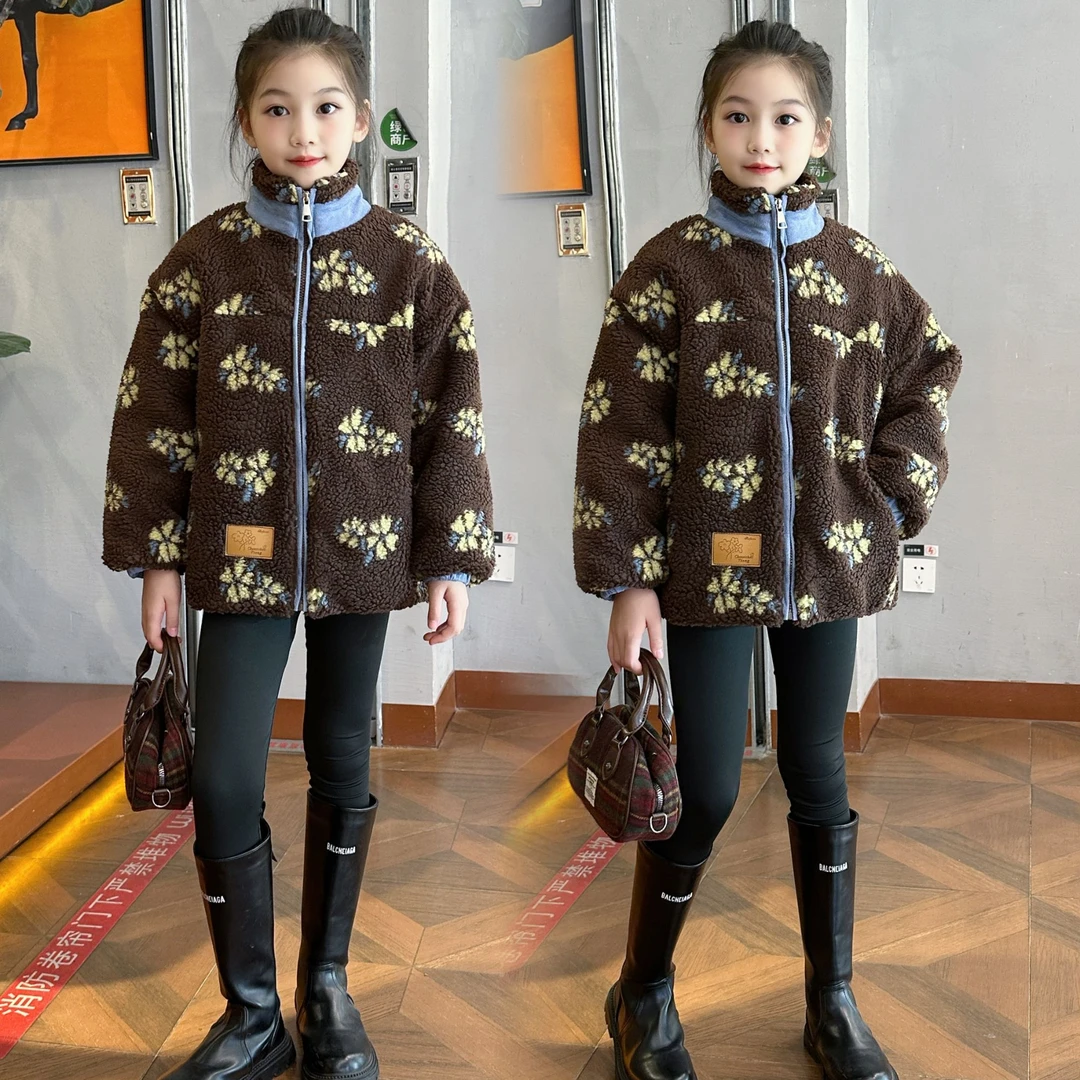 女童毛毛衣花朵提花绒加厚立领外套满印棉服休闲秋冬新款