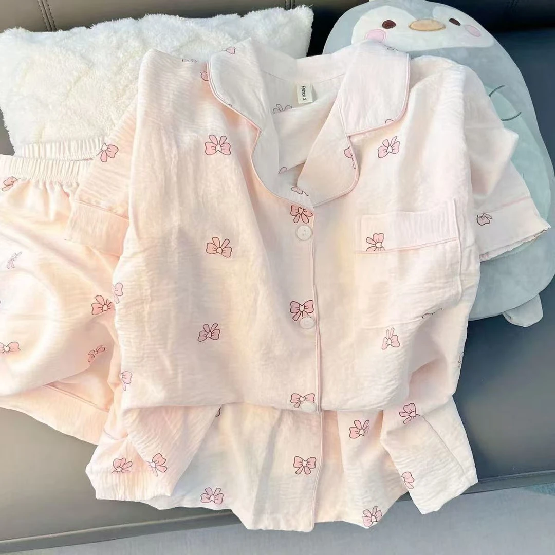 粉色蝴蝶结云朵棉睡衣春夏秋季女款爆款2025新款家居服套装短袖裤