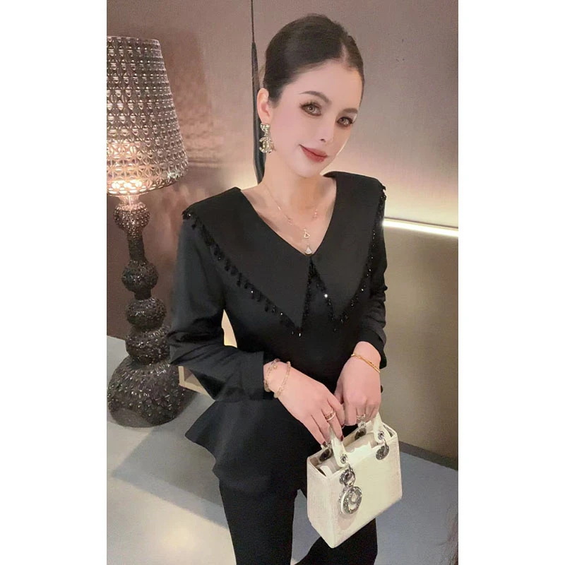 （特价）重工V领流苏拼接长袖衬衫上衣CS31012