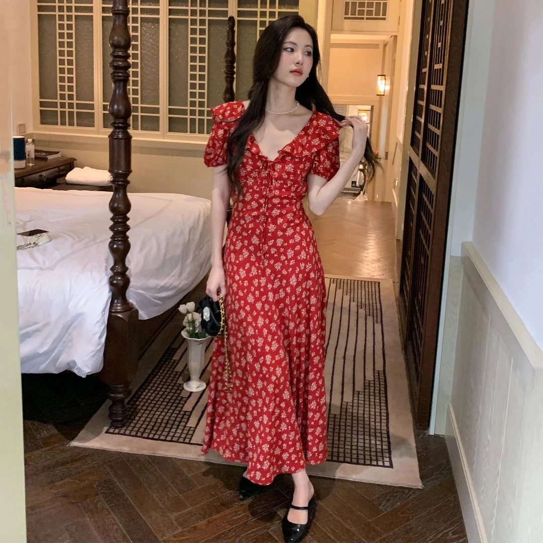 法式气质高级感红色碎花长款连衣裙女夏季新款收腰显瘦连衣长裙子