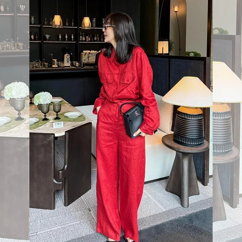 超火夏装一整套大方得体穿搭轻奢高级感欧货百搭红色衬衫套装裤女