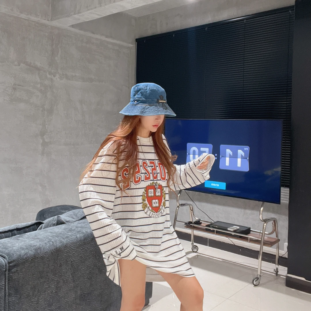 2025mio姐原创百搭潮流宽松休闲机车风长袖长款T（11黑色条纹）