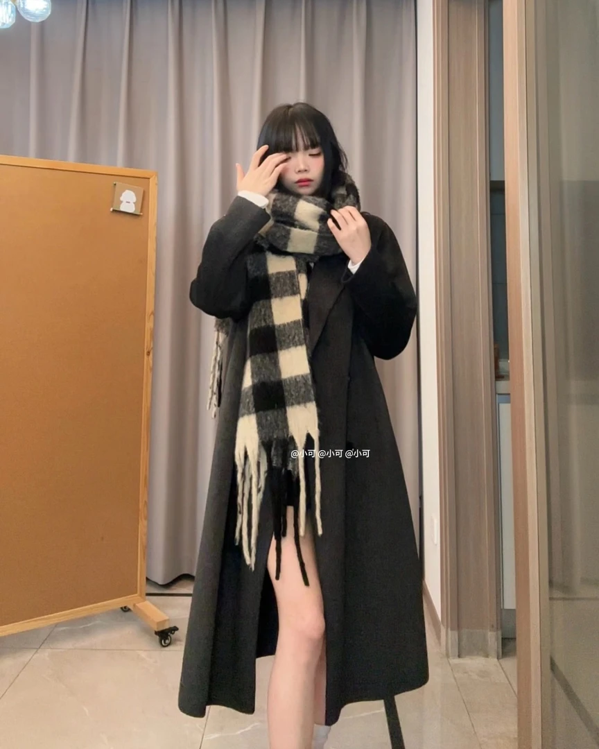 正肩双面呢大衣韩版潮流气质网红双排扣中长款大衣089xhxm