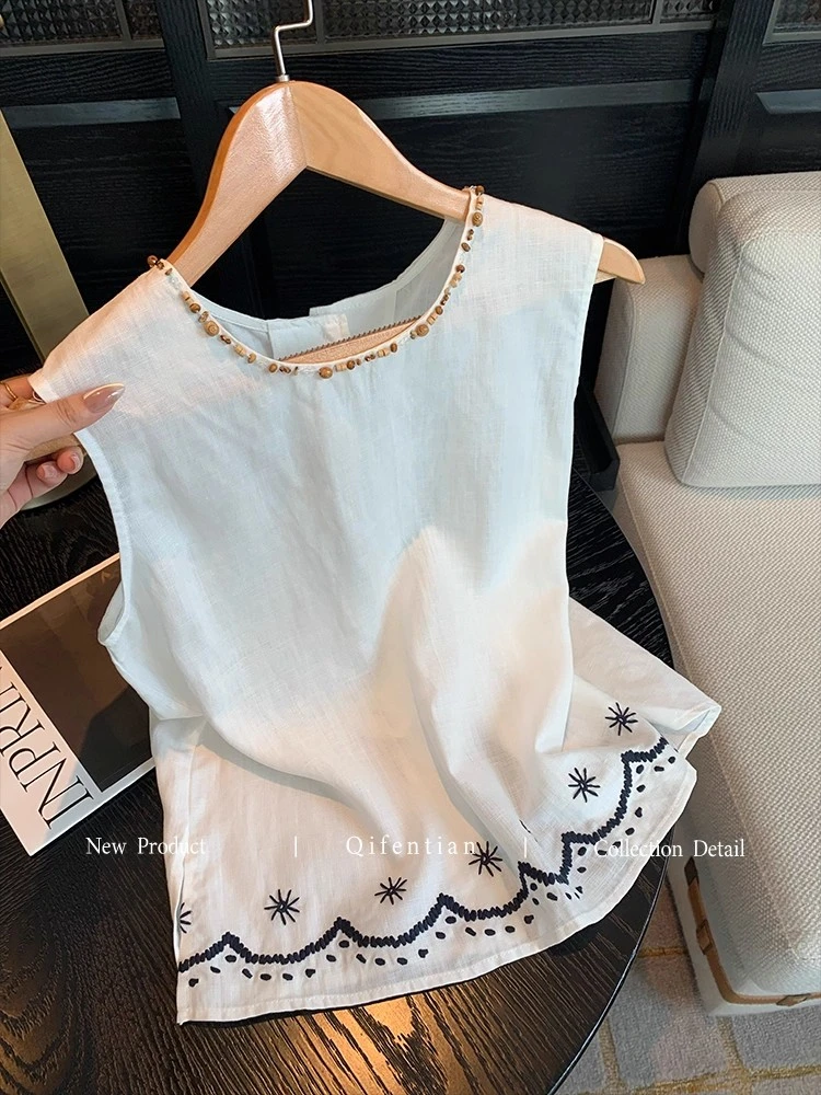 白色串珠重工刺绣无袖上衣女2025夏高级简约气质宽松显瘦百搭背心