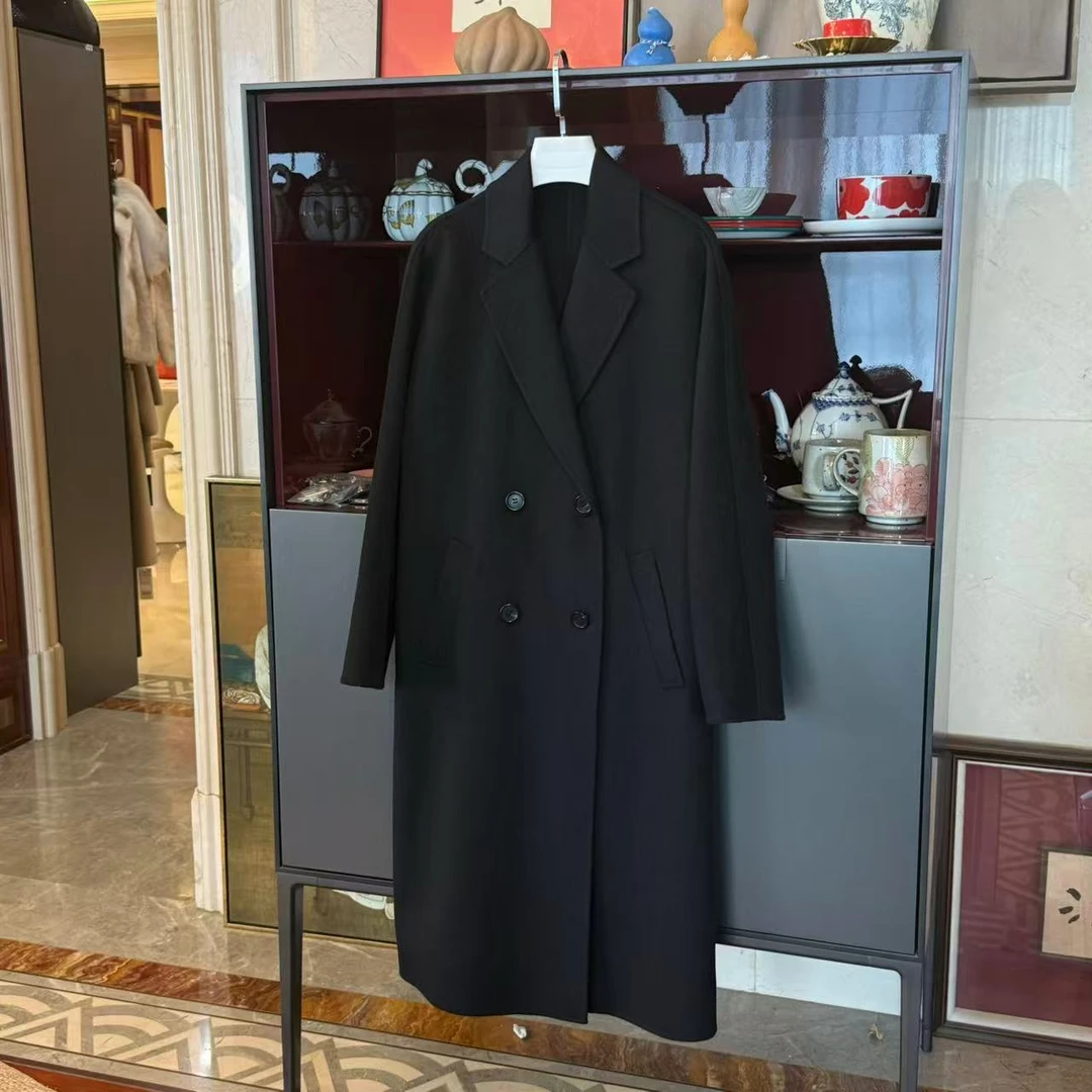 MYL 2025年秋冬新款10羊绒90羊毛中长款毛呢大衣翻领黑色双排外套