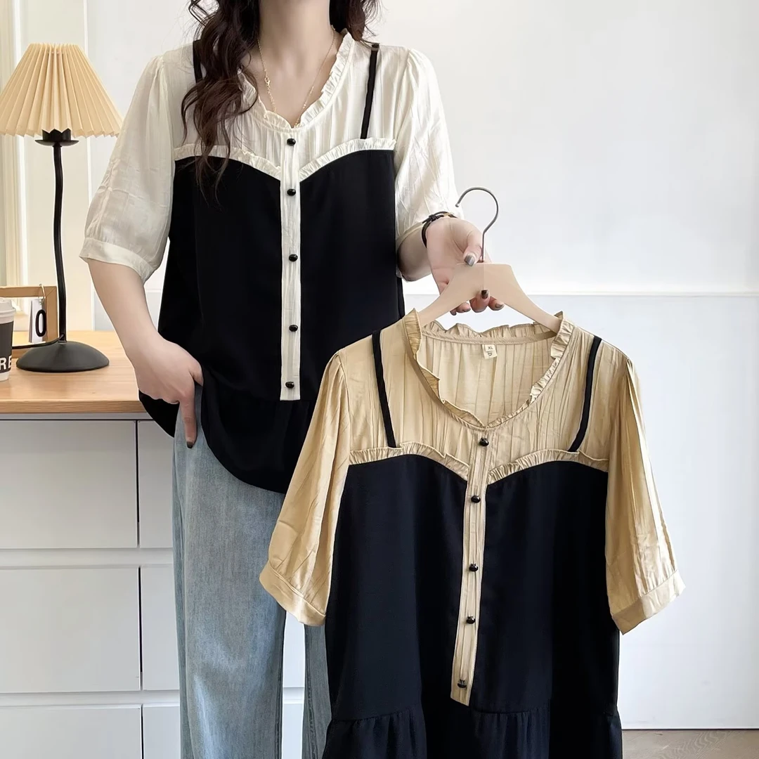 显瘦法式减龄遮肚子微胖mm木耳领宽松大码女装套头衬衫娃娃衫夏季
