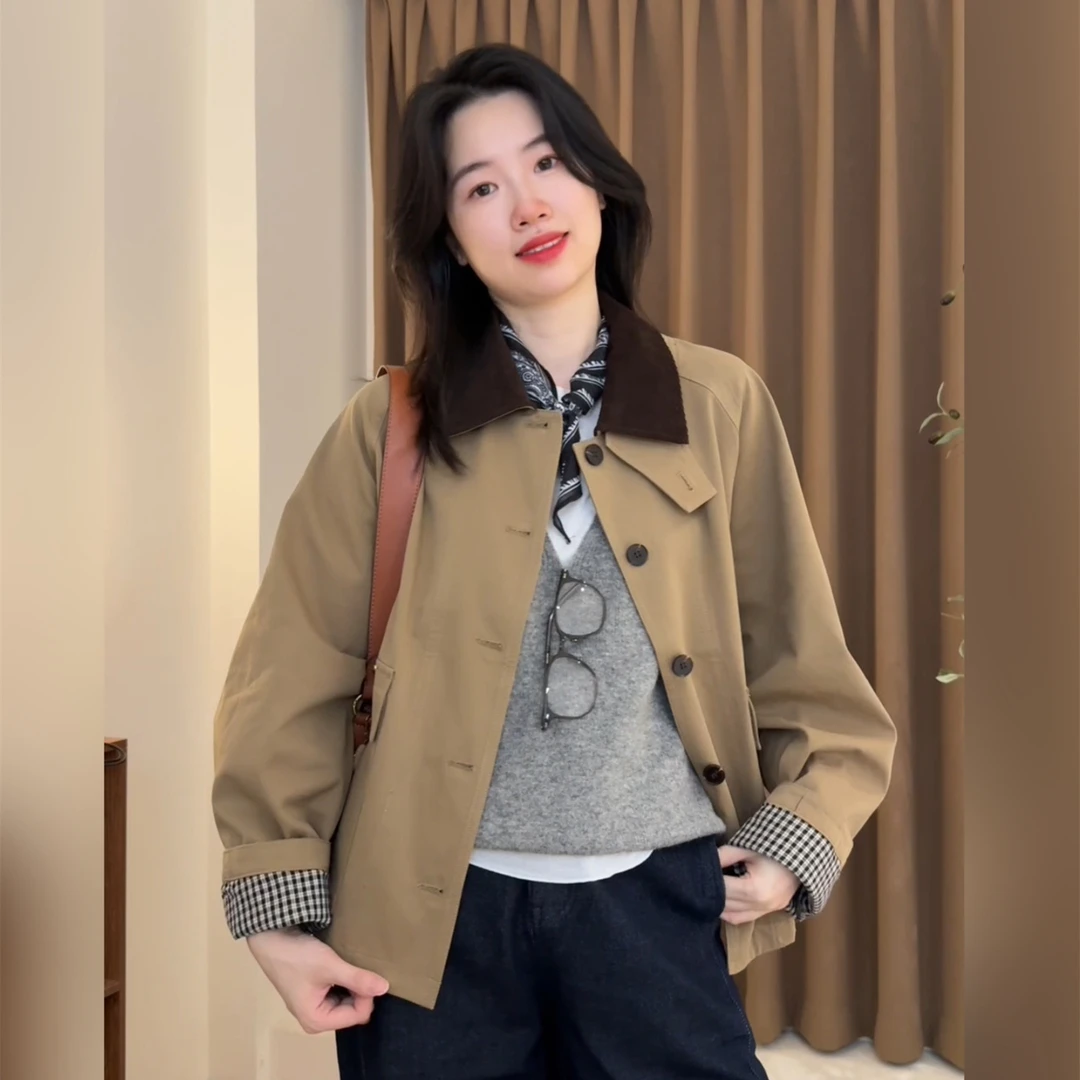 2025秋季新款巴恩风廓形小个子短款风衣女宽松卡其色外套短款上衣