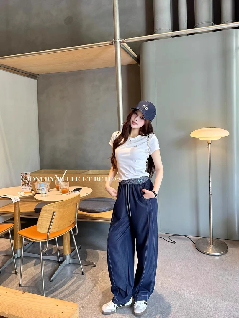 aio新款25年夏季刺绣腰围明线弯刀牛仔裤阔腿裤