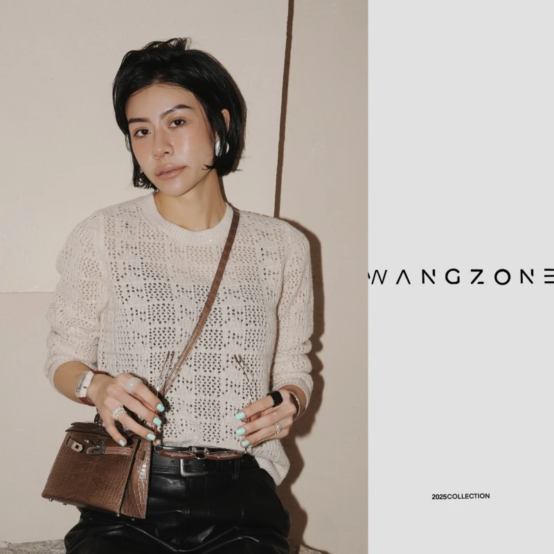 WANG ZONE｜B*c同源纱线100%羊绒镂空金丝线圆领长袖针织上衣/开