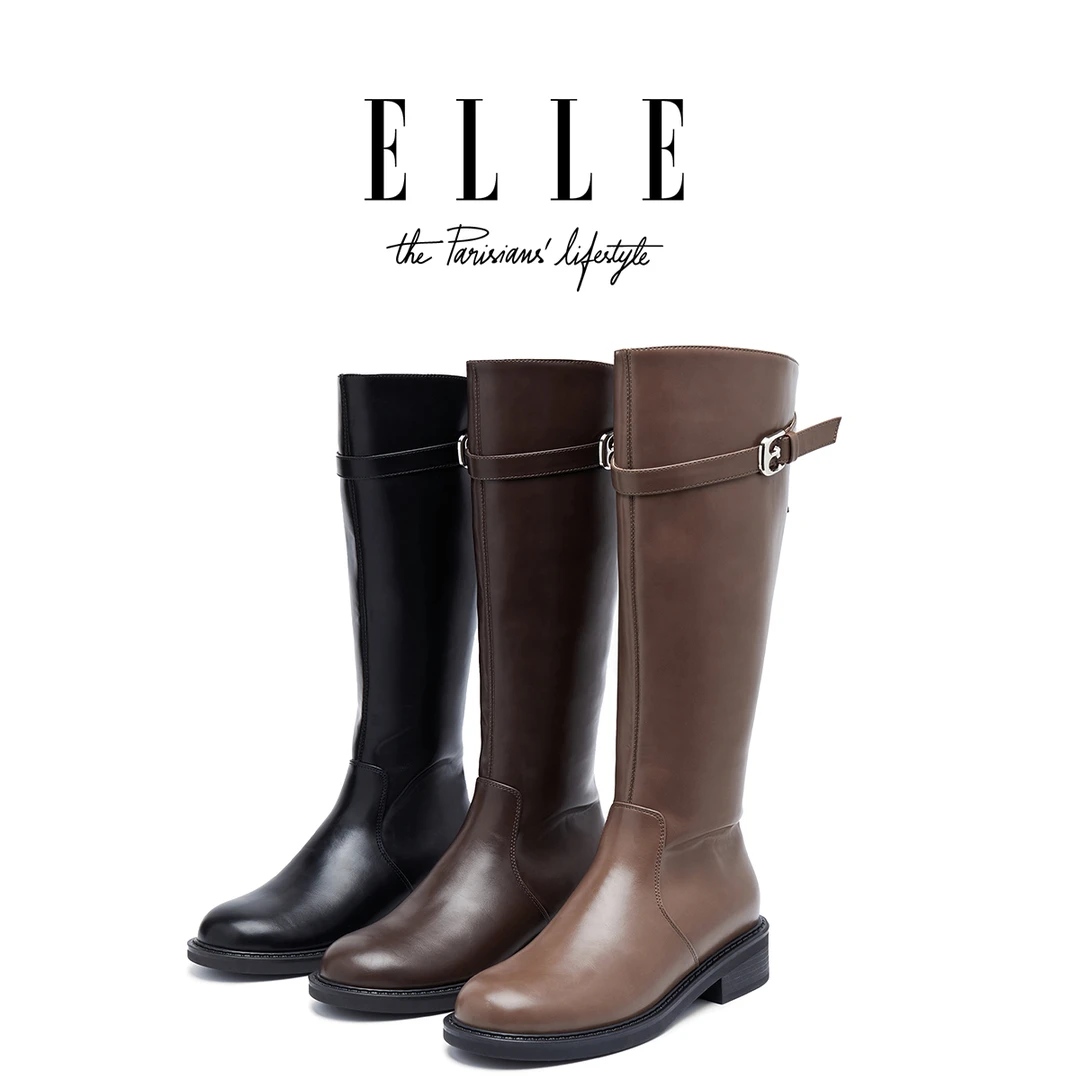 ELLE真皮厚底不过膝长靴女士美拉德川西旅游棕色长筒靴高筒骑士靴