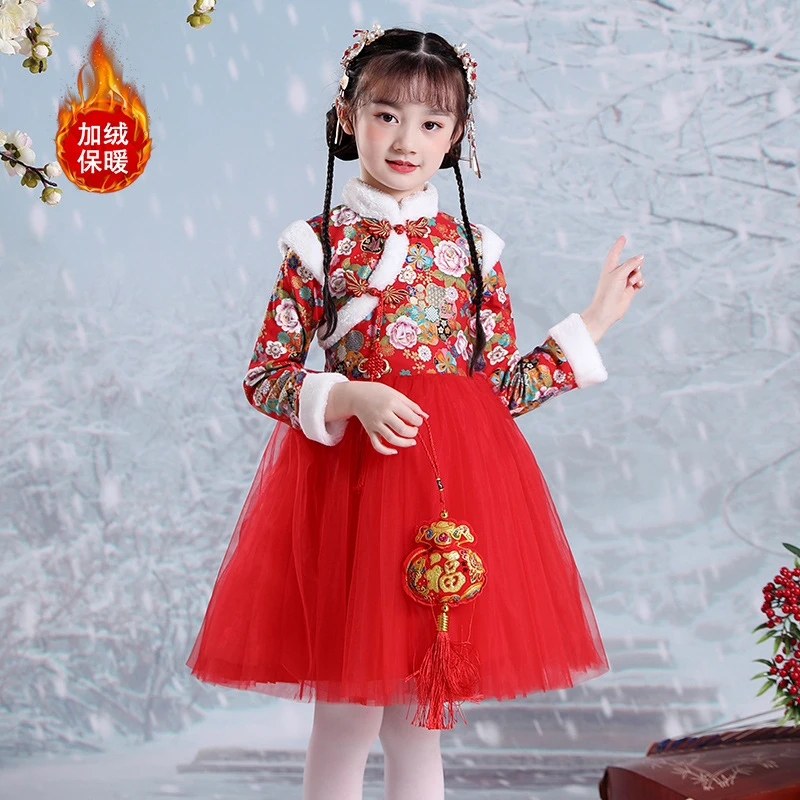 女童秋冬季加绒连衣裙红色春节拜年服喜庆礼服裙子小孩子中大童装