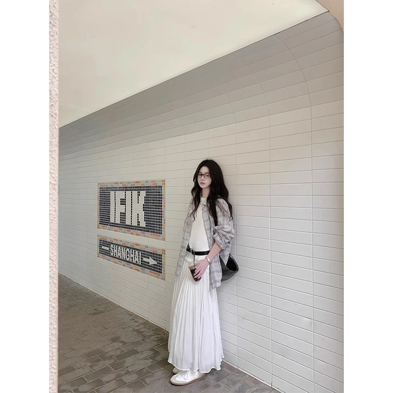 套装女2025新款爆款洋气假两件内搭连衣裙格子防晒长袖薄款衬衫女