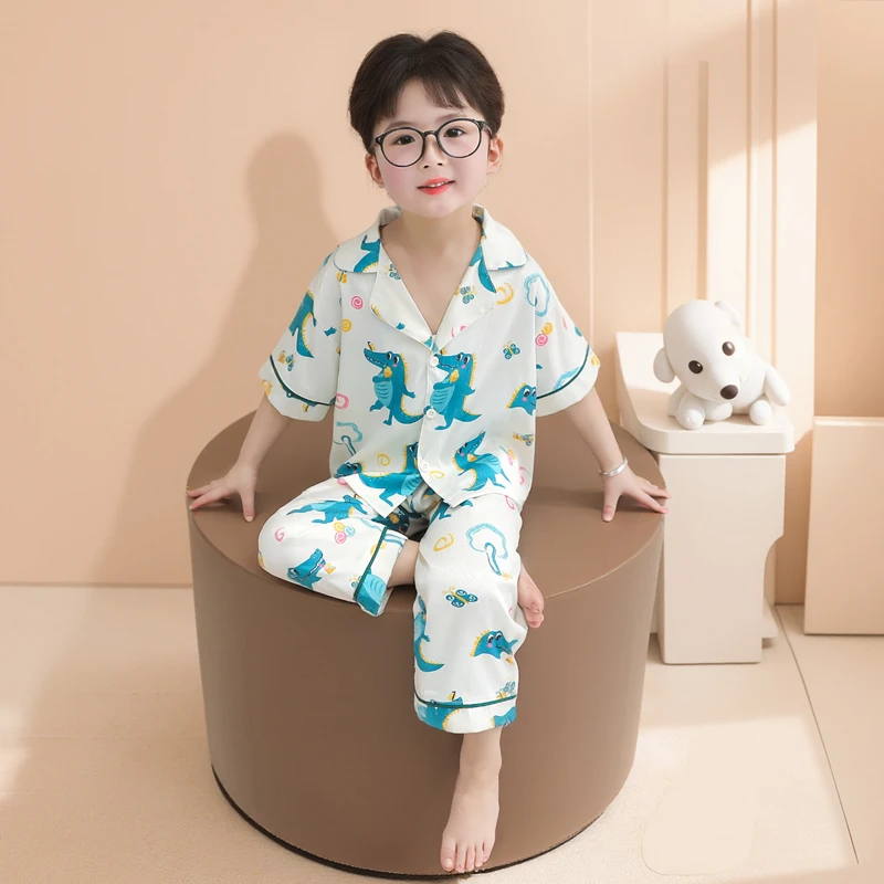 儿童夏季薄款冰丝短袖长裤睡衣男童男孩恐龙家居服宝宝空调服套装