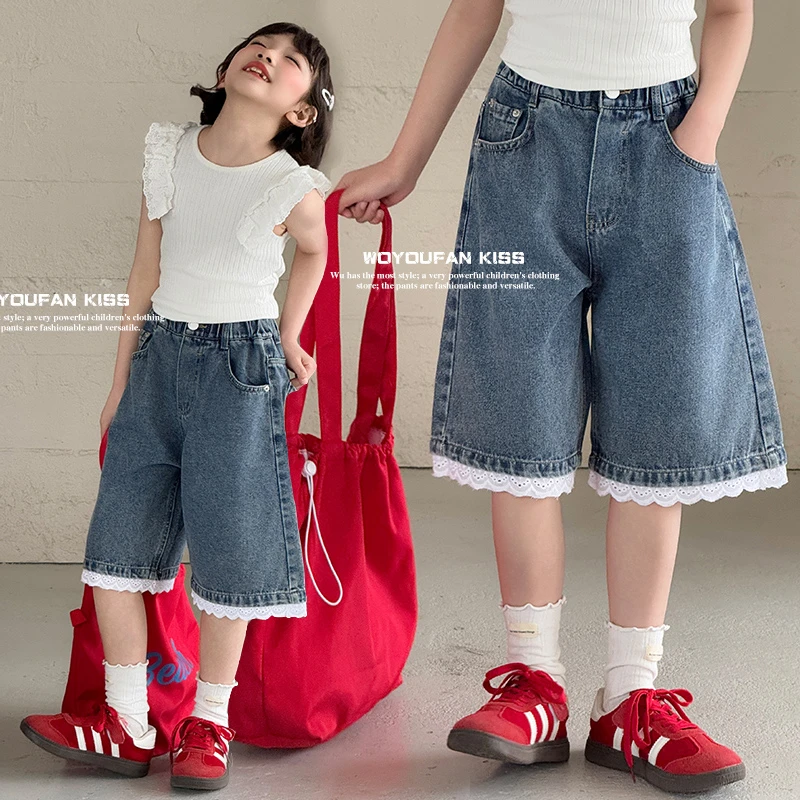 女童韩系牛仔短裤夏季2025新款儿童花边裤子薄款初中生夏装五分裤