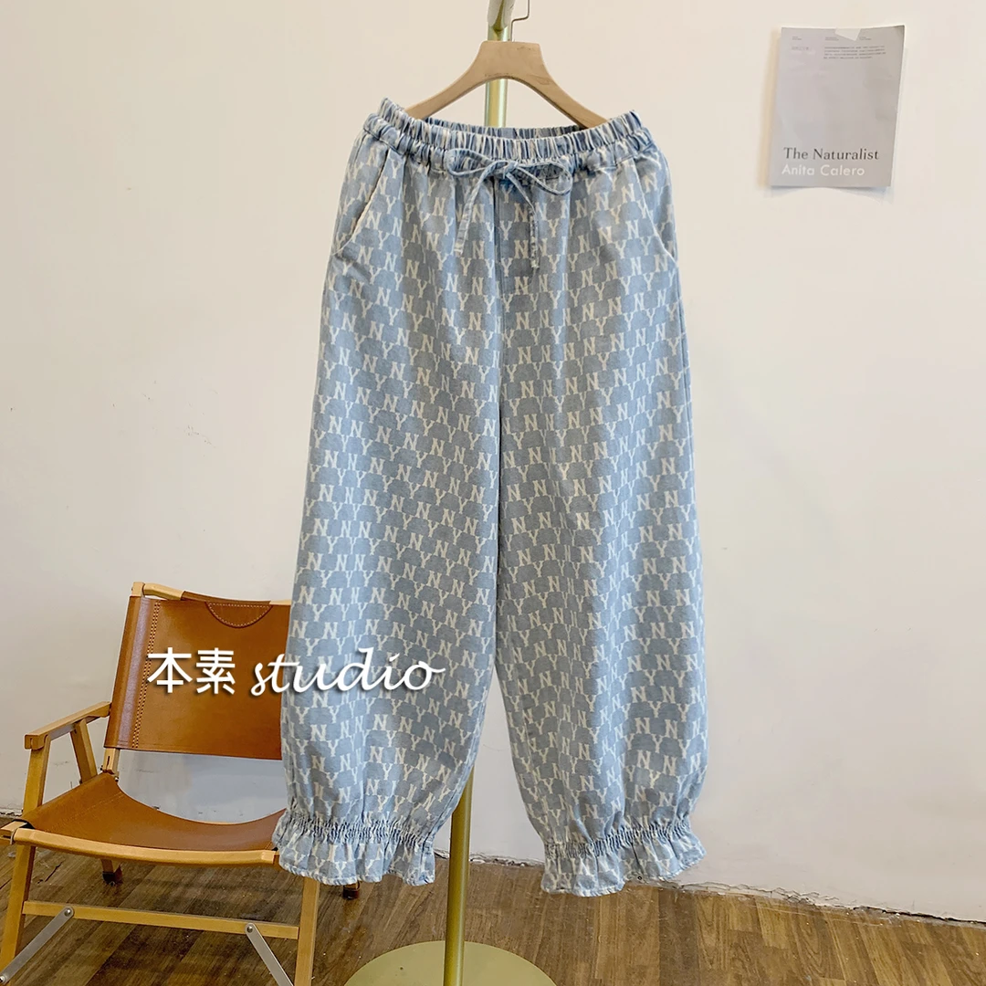 字母花苞裤C3481字母印花松紧腰系带牛仔休闲裤