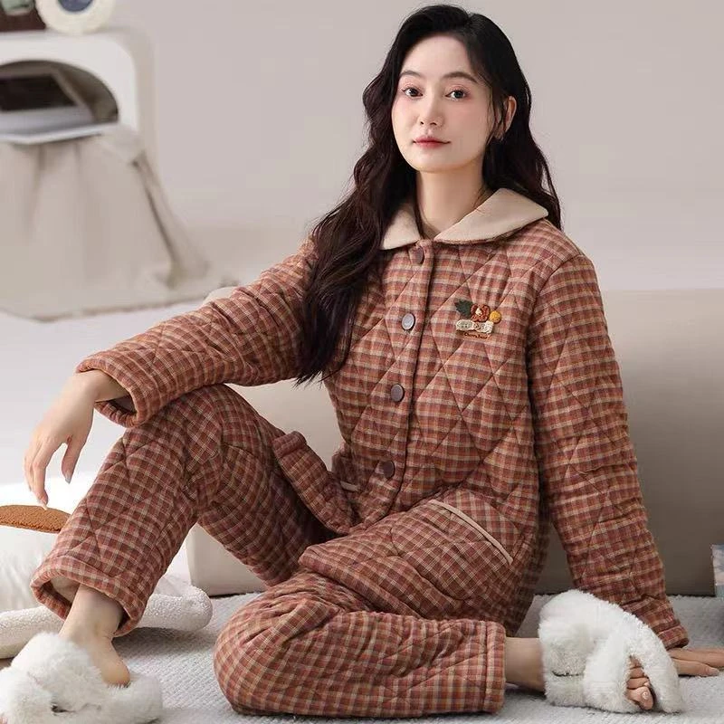 睡衣冬季珊瑚加厚加绒三层夹棉秋冬保暖法兰绒棉袄冬天家居服套装