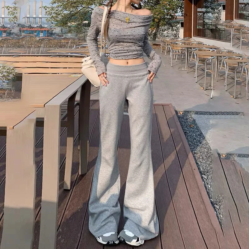 灰色高腰显瘦微喇叭裤修身垂感拖地设计休闲百搭长裤女秋冬