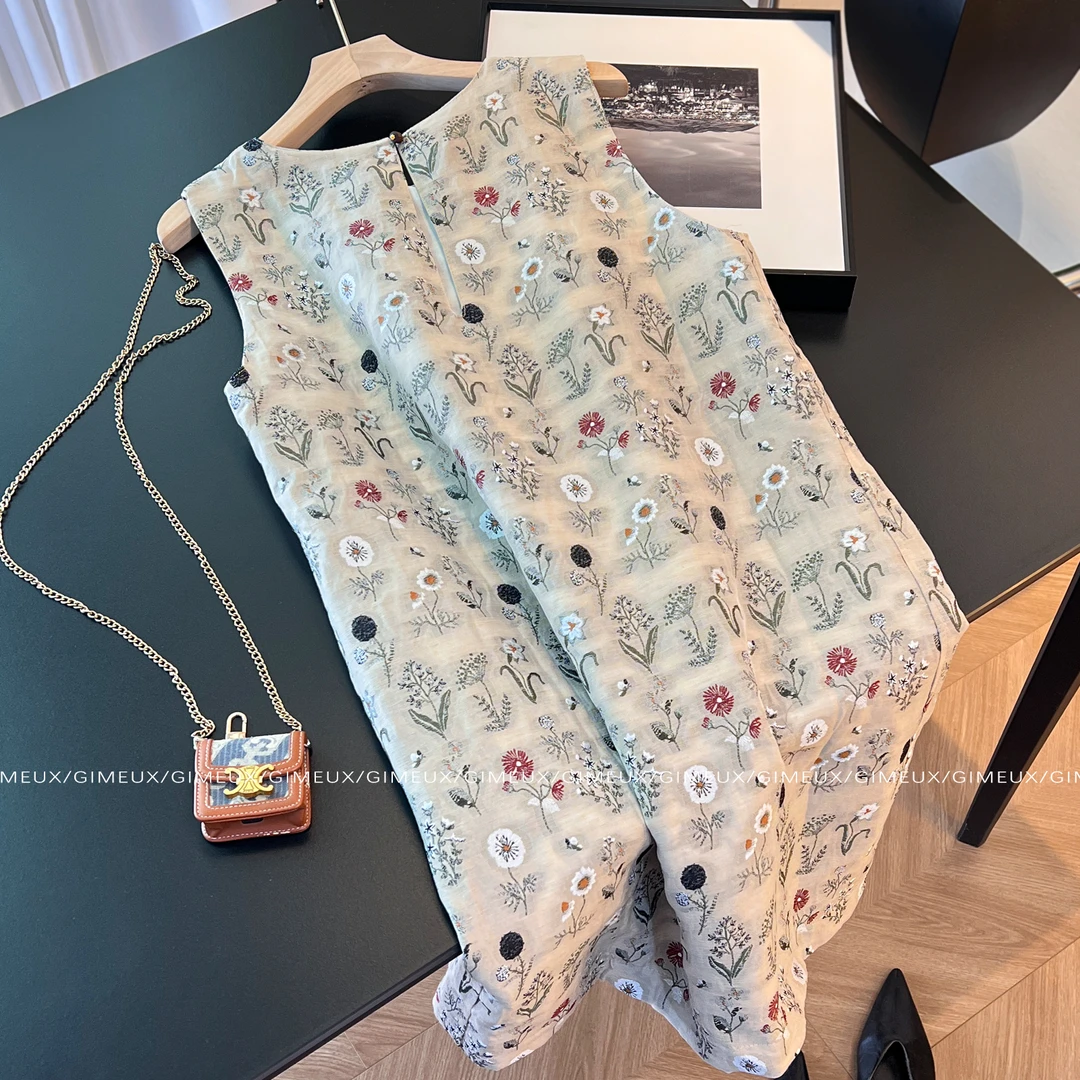 新中式复古碎花亚麻无袖短裙女夏季2025新款度假风独特直筒背心裙