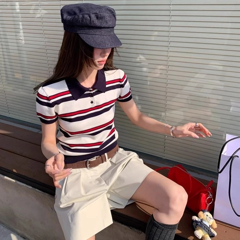 夏季新款女装洋气百搭条纹短袖t恤正肩Polo领针织衫显瘦上衣女款