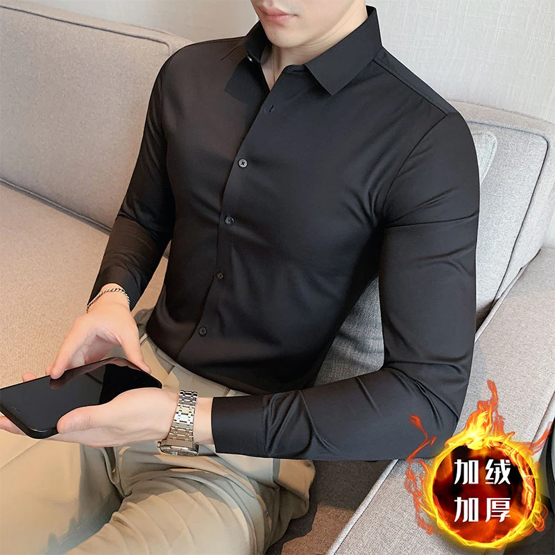 高弹力商务正装衬衫男款爆款2025新款纯色百搭加绒保暖修身衬衣男