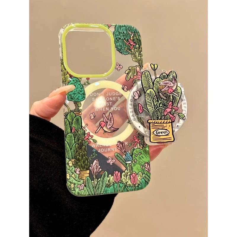 适用苹果iphone16promax树叶小鸟15pro磁吸14pro支架13旋转手机壳