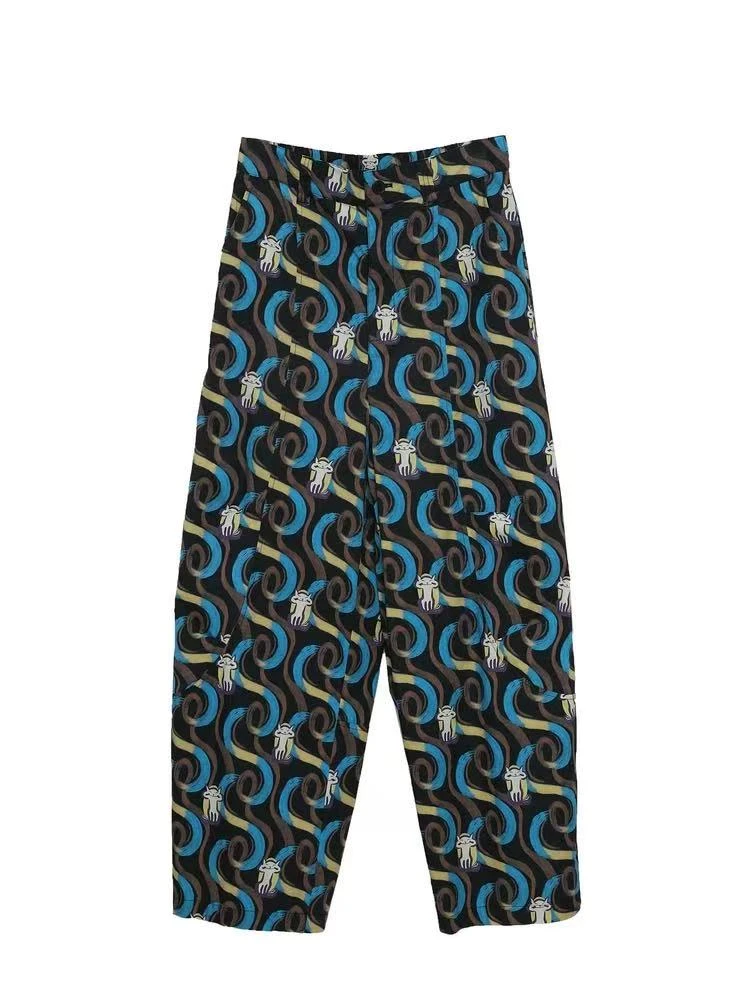 【幻梦猫猫】2025年夏季松紧腰显瘦阔腿印花直筒裤女薄款