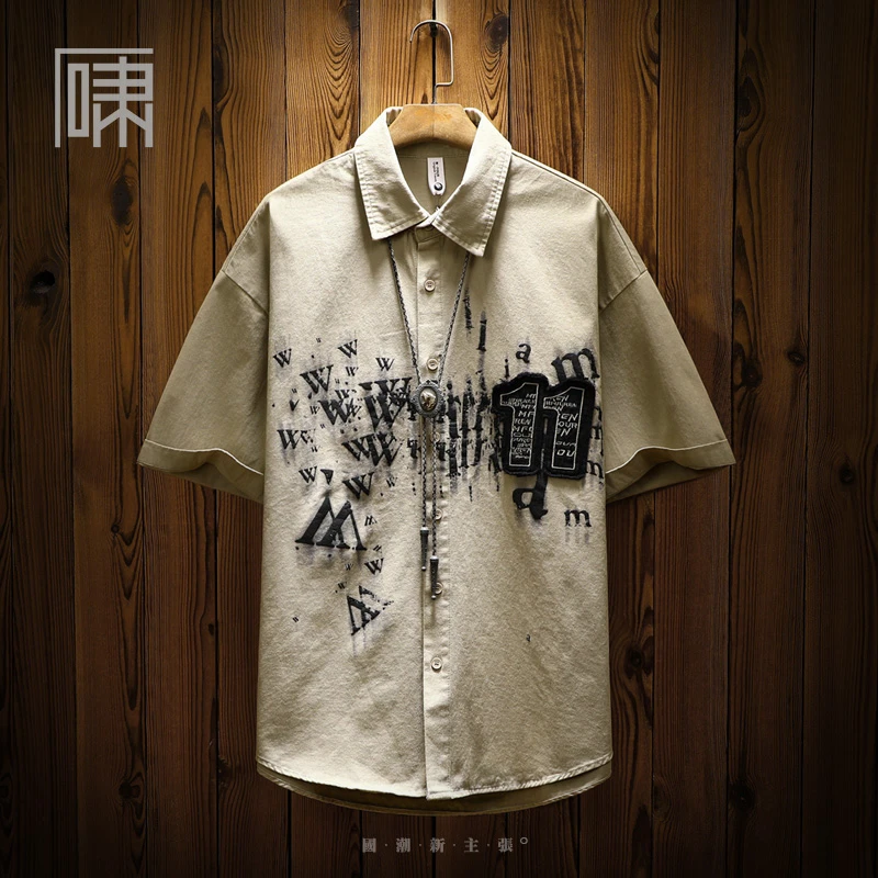 夏季潮牌美式复古贴布刺绣短袖衬衫 男字母印花休闲学院风男上衣