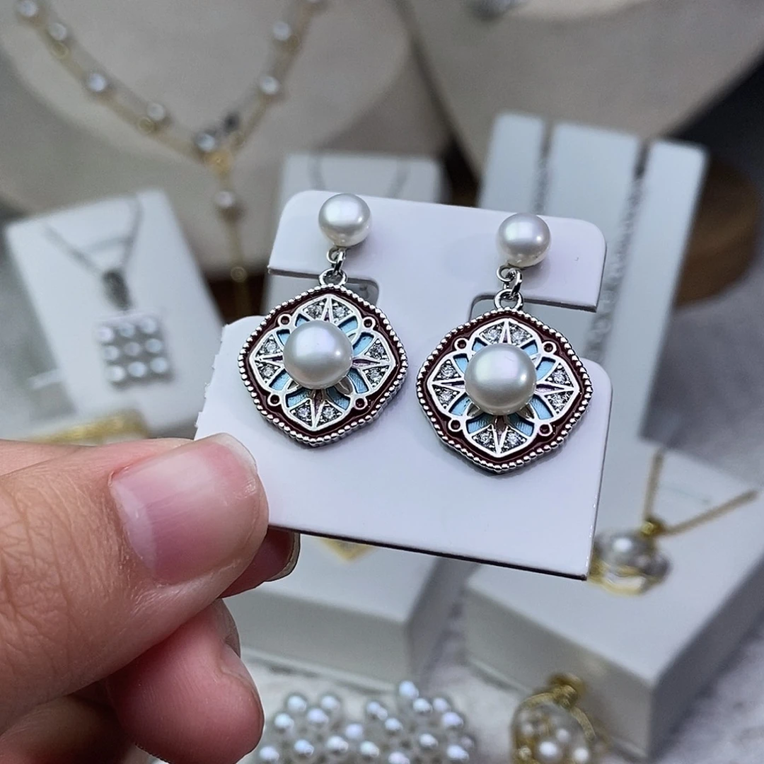 耳饰银S925镶嵌淡水珍珠