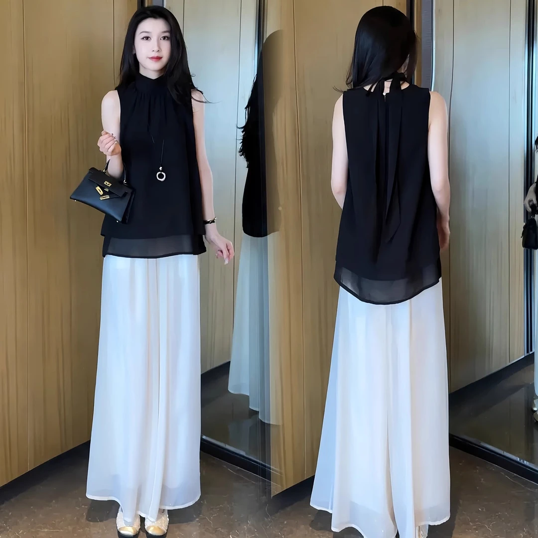 拉夏贝尔韩系时尚套装女士无袖雪纺上衣夏季爆款气质阔腿裤两件套