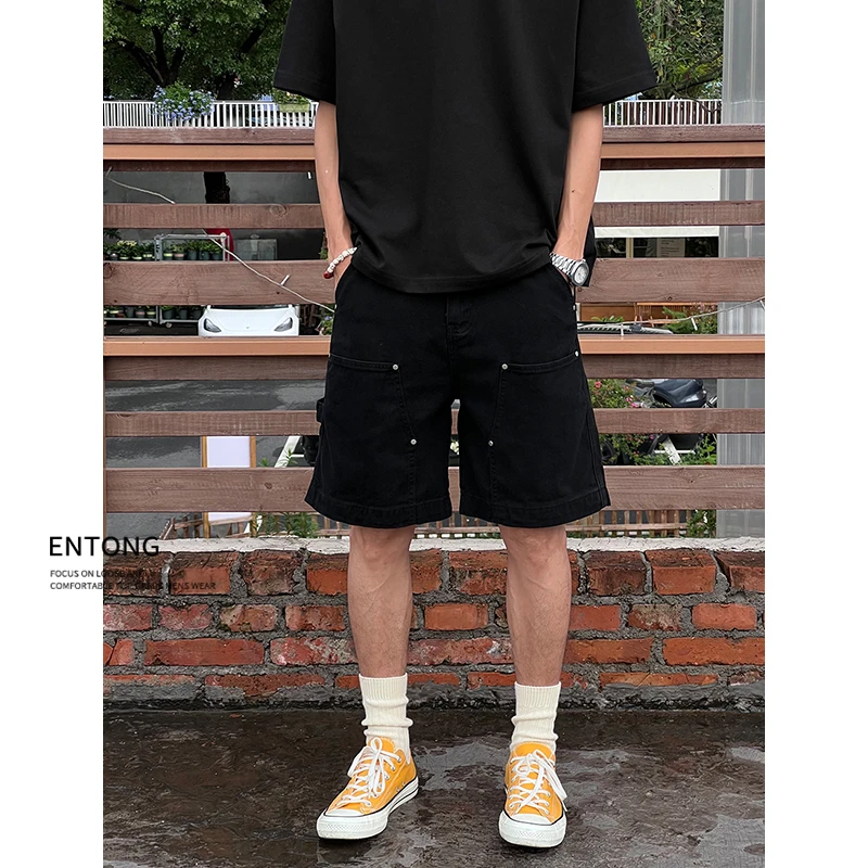 Entong潮牌cleanfit黑色休闲短裤男生夏季百搭铆钉拼接工装五分裤