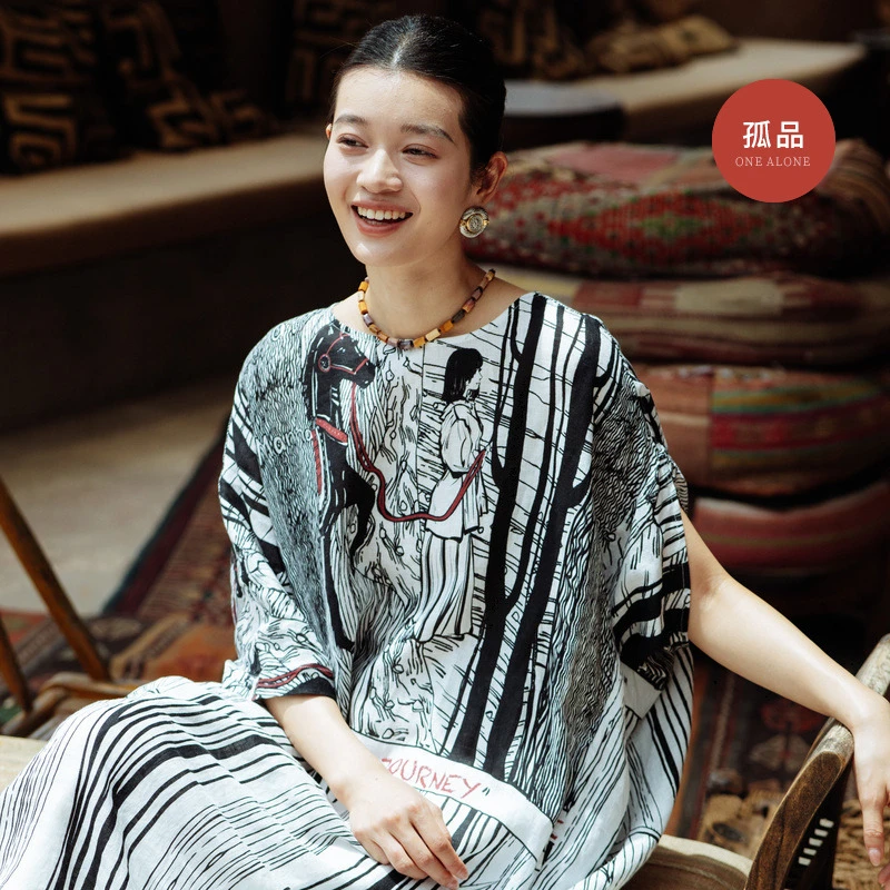 亚麻度假定位印花中长款连衣裙