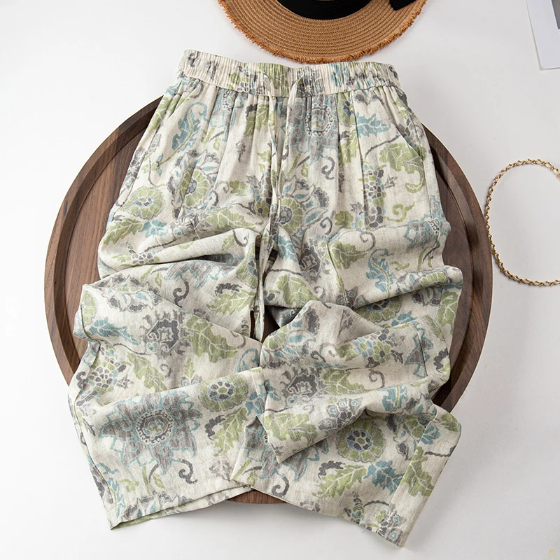 提花亚麻阔腿裤女夏季薄款花裤子2025新款松紧宽松直筒休闲裤2518