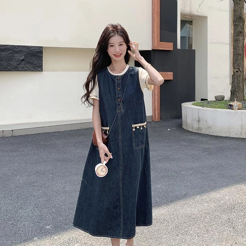 短袖T恤牛仔背心连衣裙套装女夏2025新款长裙时尚慵懒风复古减龄