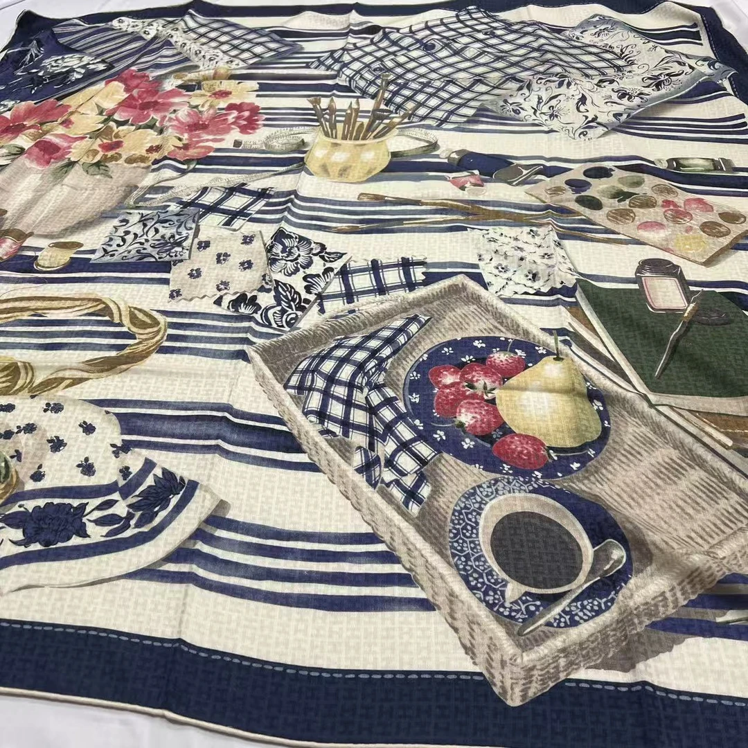 140提花丝毛方巾-草地上的午餐 双面异色135cm丝巾