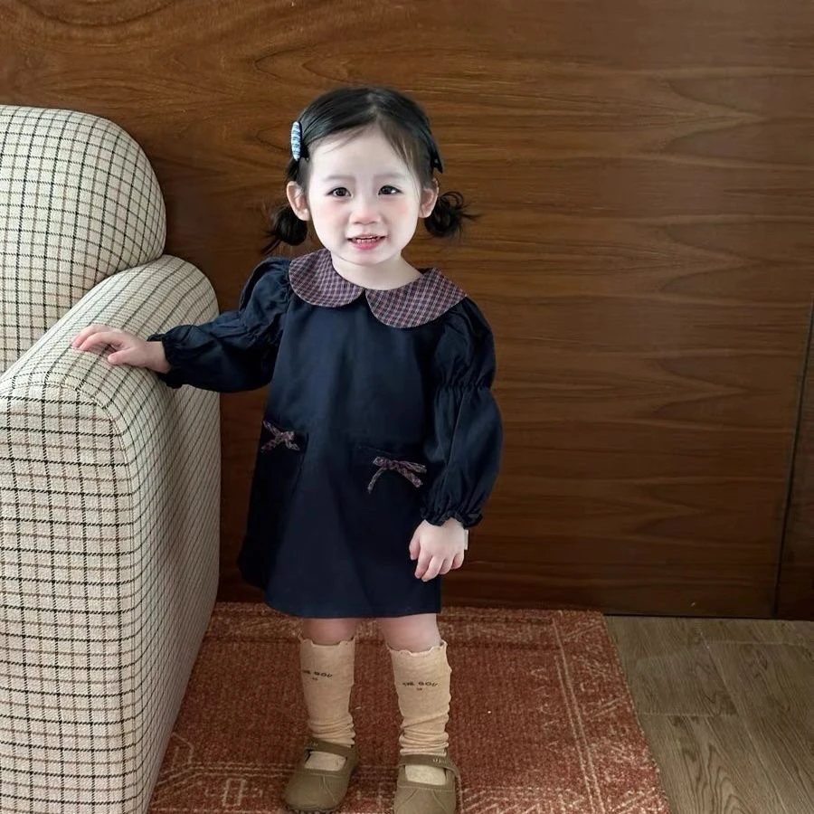 女童连衣裙2025新款秋季女宝宝洋气蝴蝶结格纹裙小女孩公主裙子
