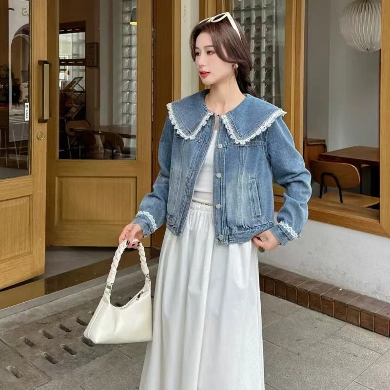 2025年春季新款设计感蕾丝拼接娃娃领牛仔外套