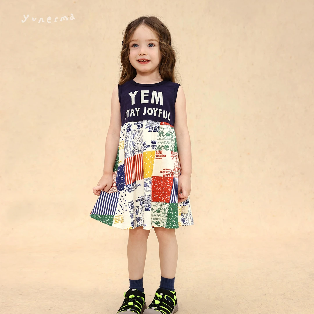 允儿妈女童夏季小众复古字母拼接背心裙 宝宝时尚T恤裙儿童连衣裙
