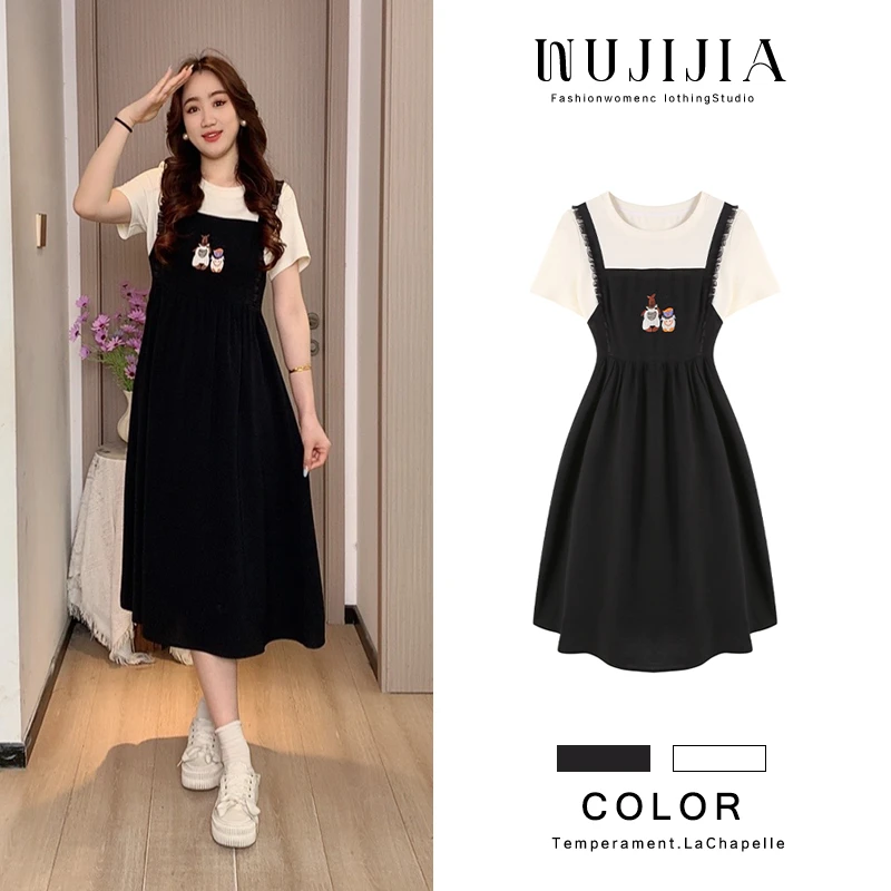 黑色气质长款减龄假两件夏季时尚韩版小个子显瘦连衣裙ZL53773