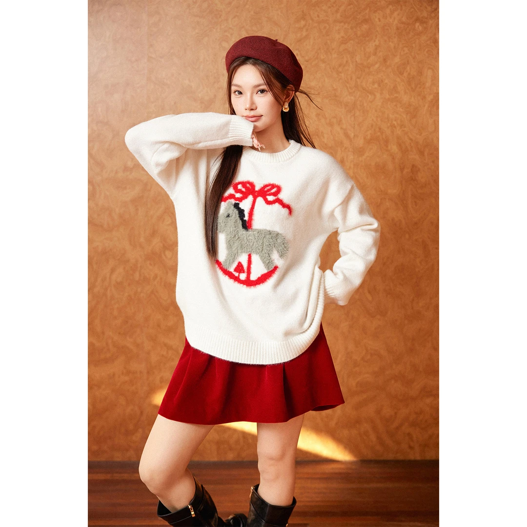 PLUSMALL 毛绒星球 童趣感动物提花装饰圆领长袖毛衣PM2512087