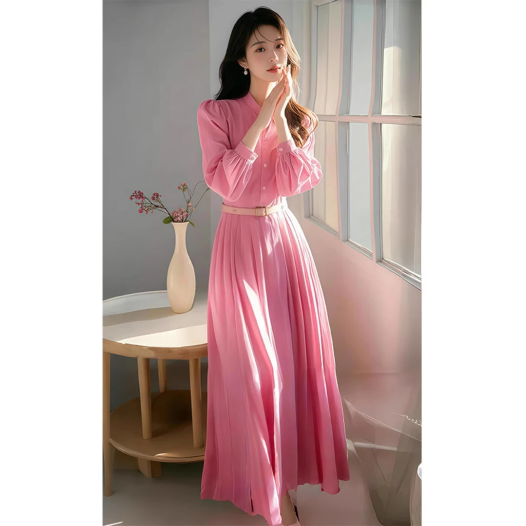 粉色衬衫连衣裙女早秋新款法式高腰显瘦设计感百褶轻熟风气质长裙