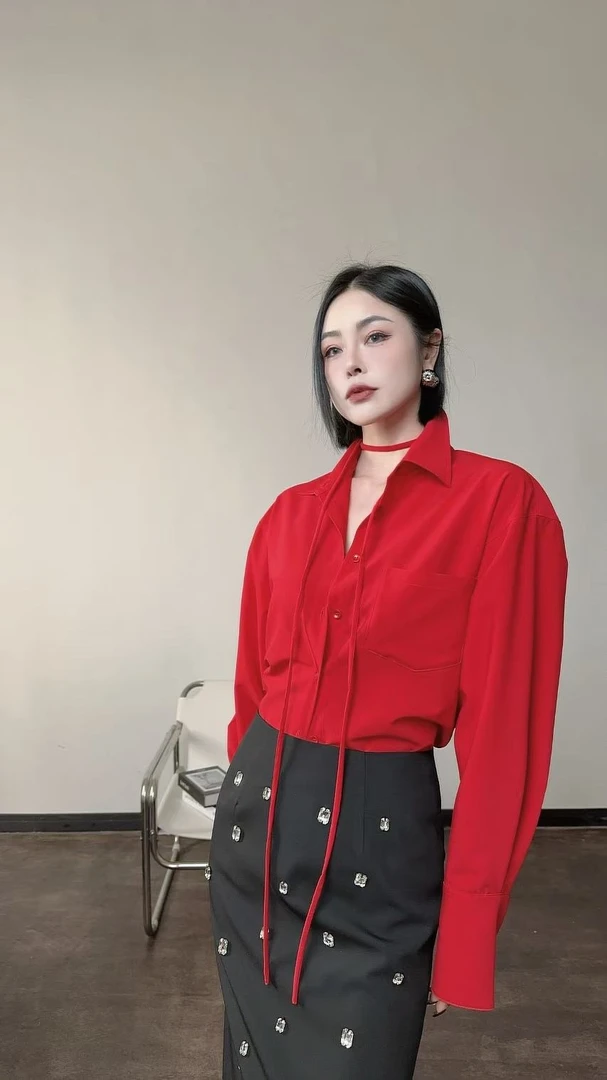 红色抽绳收腰衬衫休闲宽松百搭显瘦