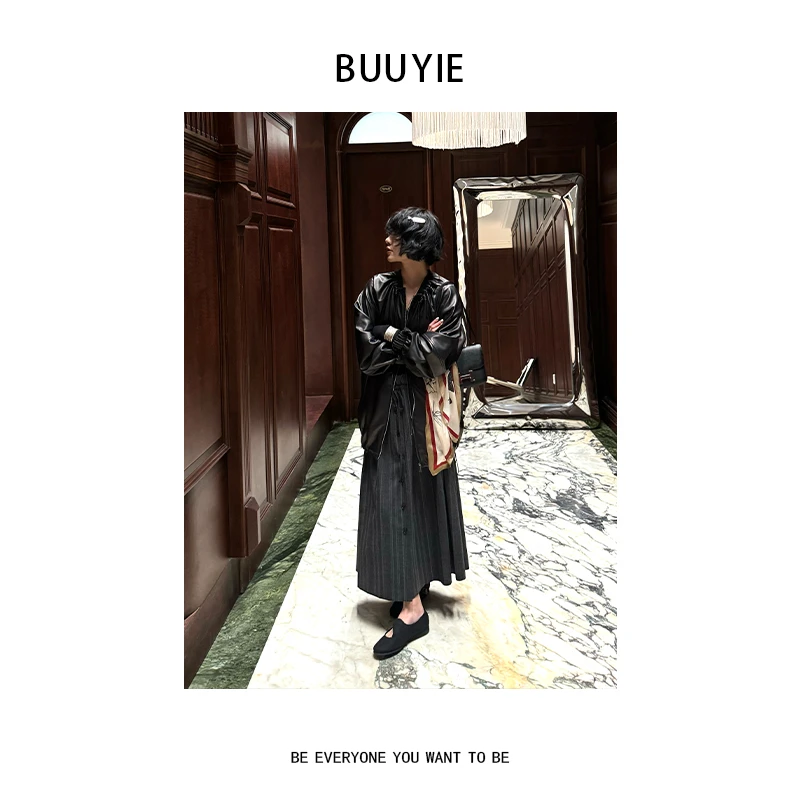 BUUYIE 25SS【春见】休闲百搭圆领抽绳皮衣外套 2501074
