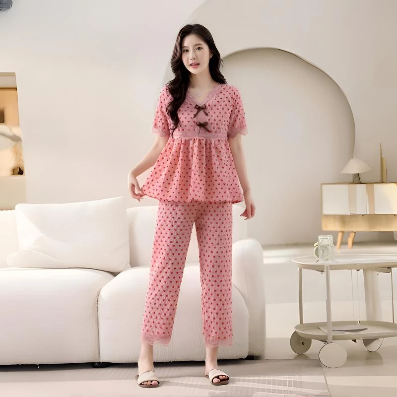 2025新款睡衣女棉布格子蕾丝花边时尚韩版减龄洋气宽松家居服套装